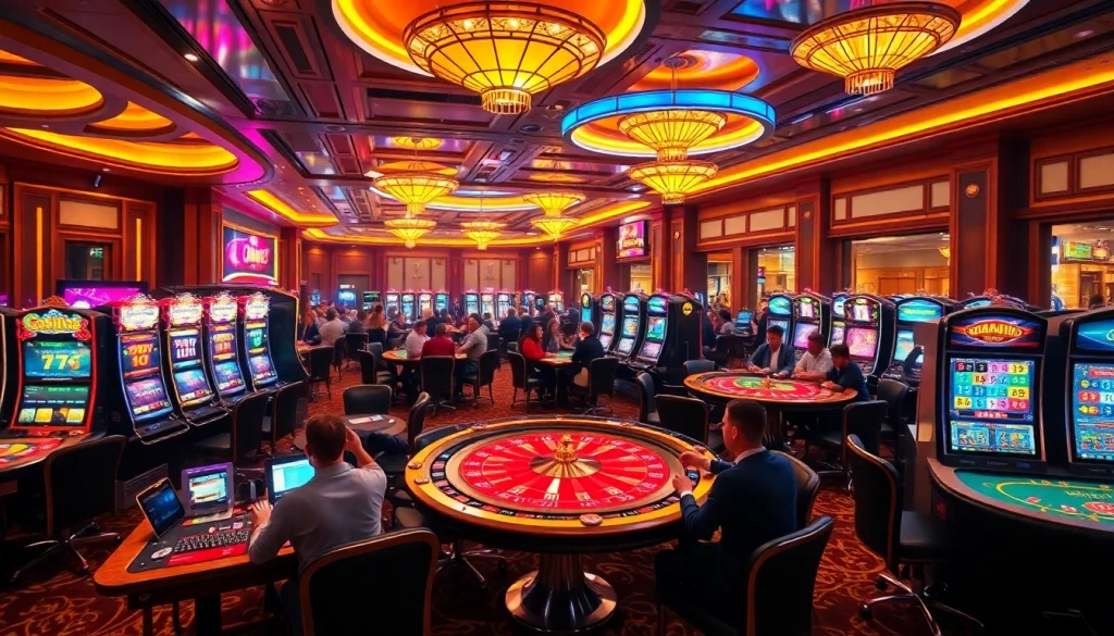 Experience an exhilarating moment at the trang chủ qq88 casino with players engaging in dynamic games surrounded by vibrant slot machines.