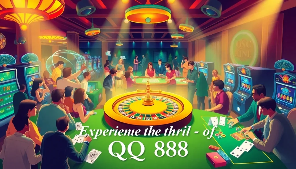 Engage with the excitement of QQ 88 at a lively casino, highlighting players at roulette and poker tables.