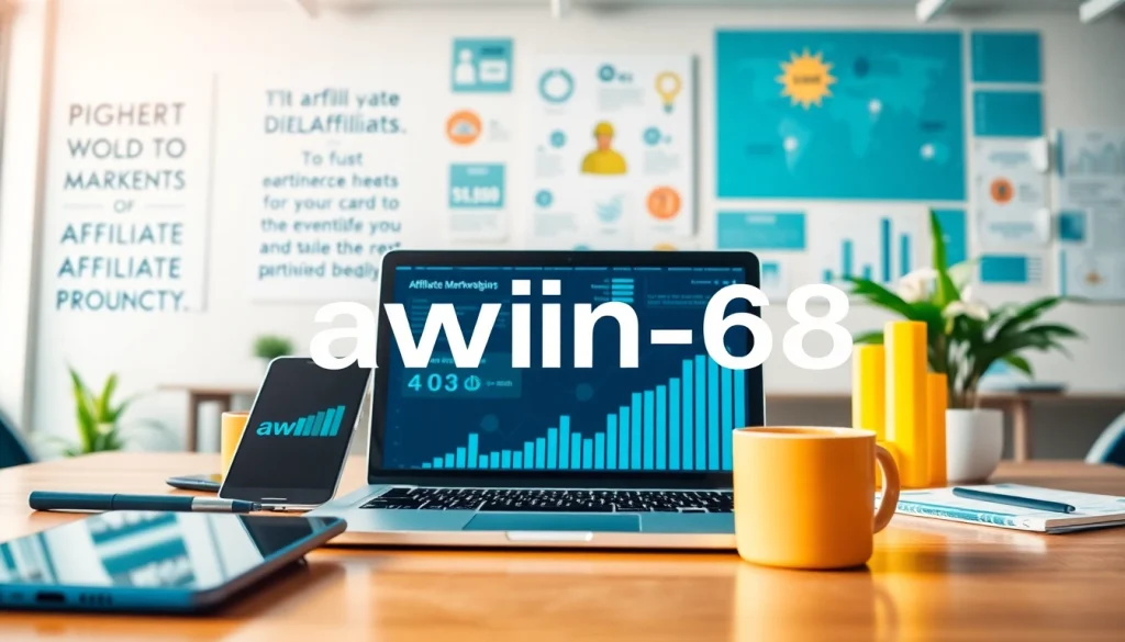Awin-68 digital marketing concept design showcasing affiliate partnerships with tech elements.