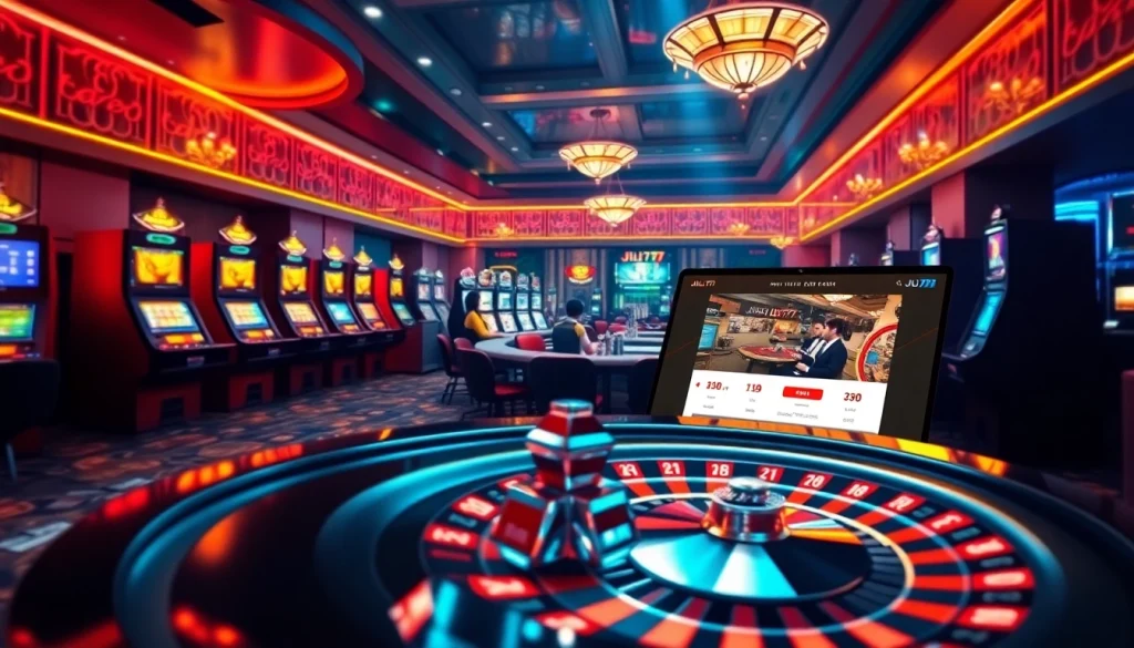 Experience the excitement at a casino showcasing the vibrant Jili777 homepage with slot machines, poker action, and roulette thrills.