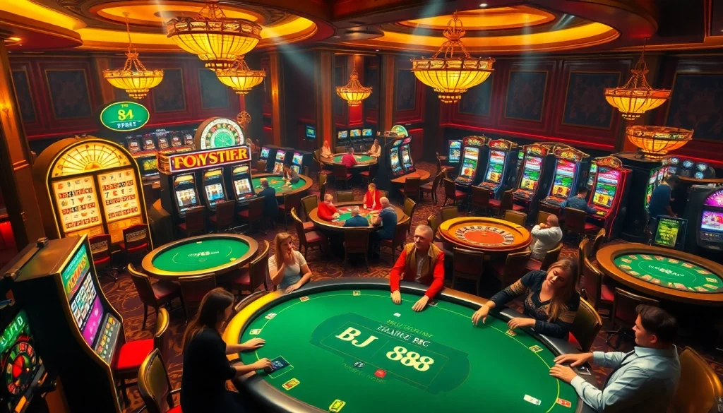 Players enjoying a thrilling game of blackjack at BJ 88, showcasing vibrant casino elements.