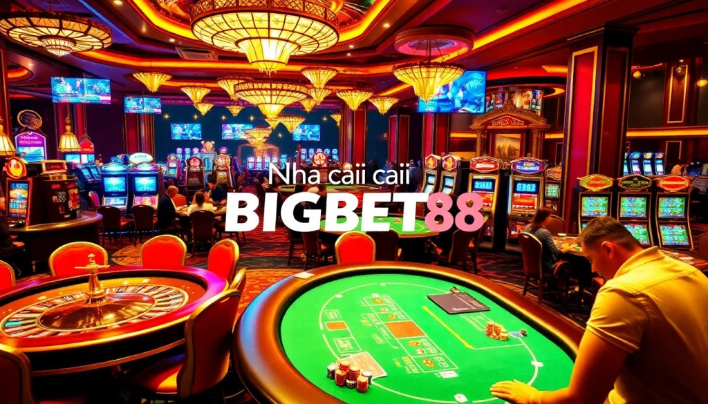 Experience thrilling gameplay at Nhà cái BIGBET88's upscale casino, showcasing poker tables, roulette wheels, and eager players.