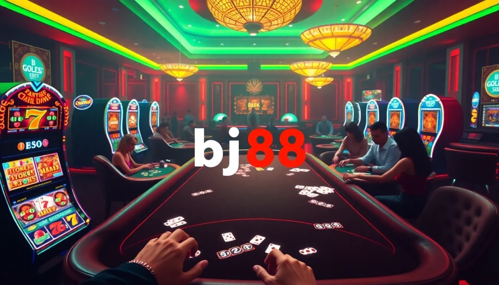 Experience the thrill of gaming with BJ88, showcasing tables and vibrant slots in a luxurious setting.