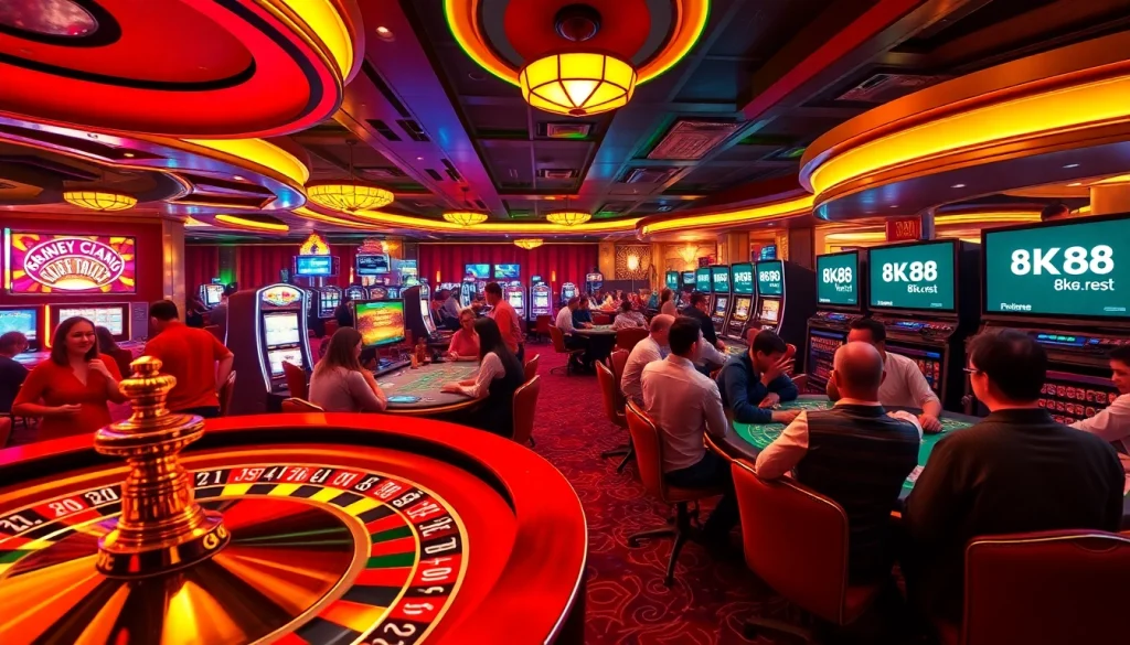 The thrilling ambiance of 8k8.rest casino showcases players enjoying their favorite games, from poker to slots, under vibrant lighting.