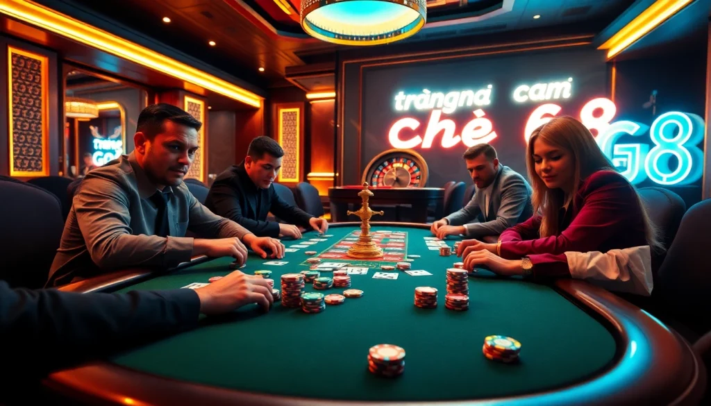 Experience the thrill of poker at trang chủ go8, where high-stakes action unfolds over a glamorous poker table adorned with colorful chips and cards.