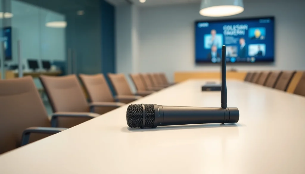 Epson microphone epsion positioned on a conference table, ready for presentations.