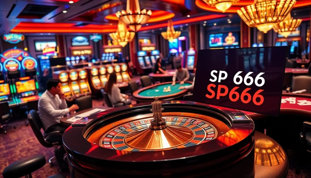 A dynamic casino scene showcasing Nhà cái SP666 with players engaged in roulette and slot games under vibrant lights.