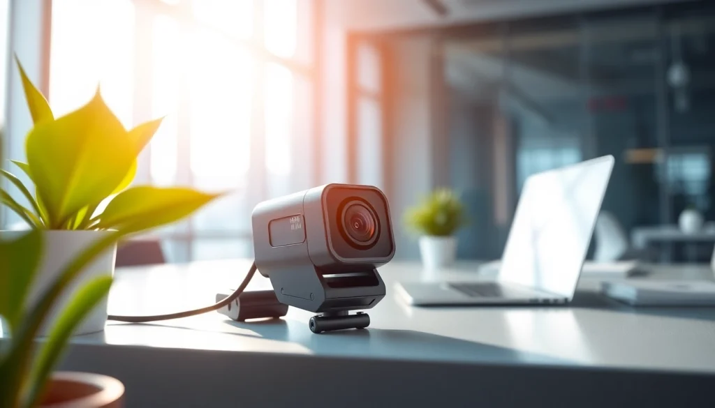 Capture a mini cam positioned elegantly on a desk, showcasing its compact design.