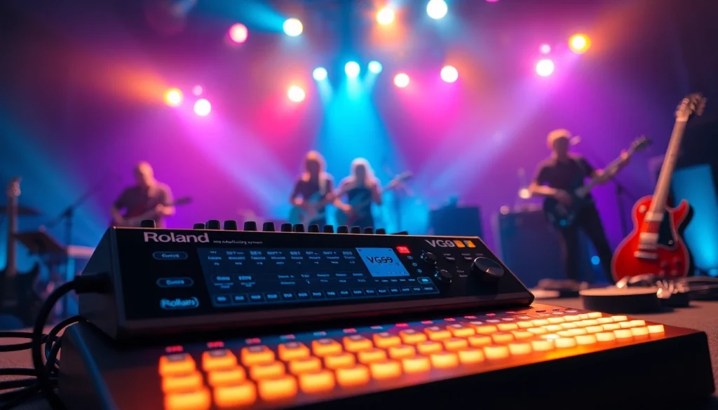 Showcasing the VG99 guitar modeling system in a vibrant live performance setting with glowing features.