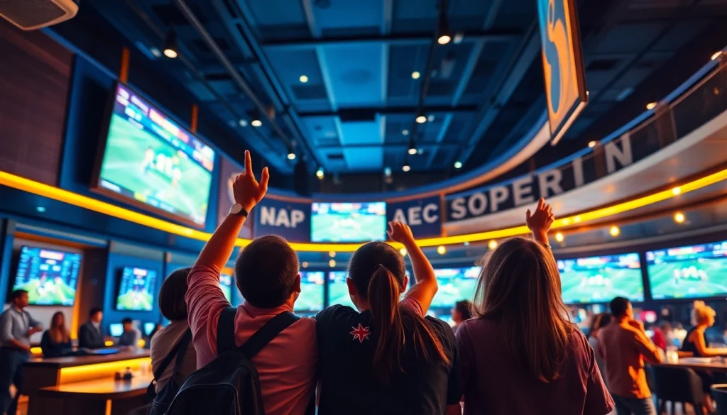 Engaged bettors celebrating in a professional sportsbook environment at 69vn.rodeo.
