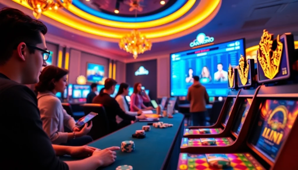 Engaging image portraying Nhà cái OK88, a modern online gambling platform with energetic gamers.