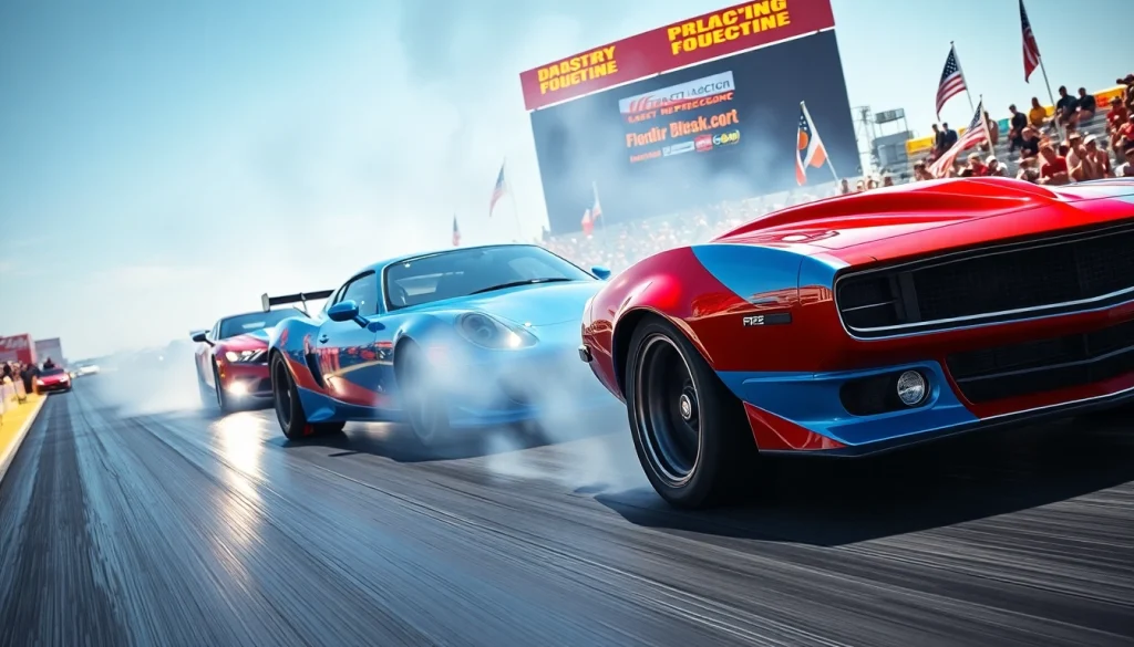 Drag Racing competition featuring powerful cars racing down a strip with an energetic crowd.