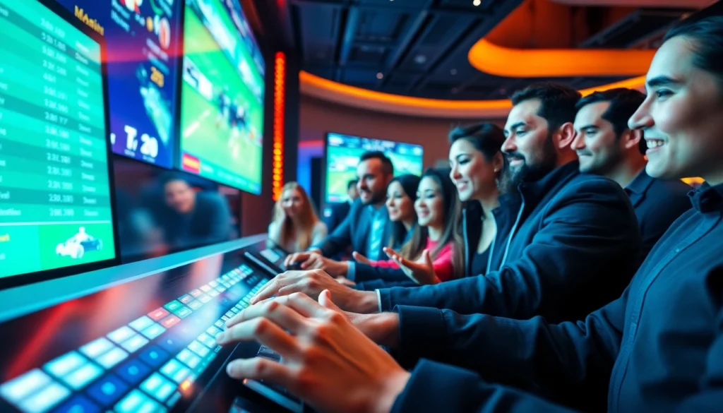 Bettors experiencing the thrill at Nhà cái 22BET's modern sports betting terminal.
