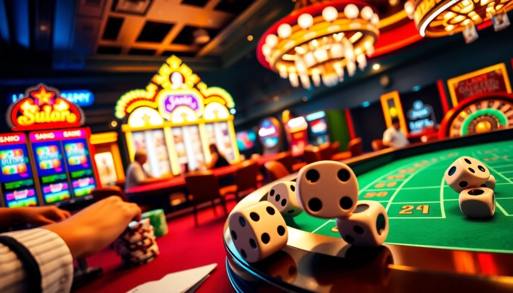 A vibrant casino scene showcasing players at a poker table and slot machines, reflecting the thrilling atmosphere of https://kubet11.us/.