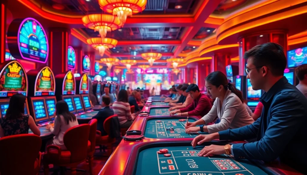 Engaged players enjoying games at Nhà cái BIGBET88 casino with vibrant atmosphere and bright lighting.