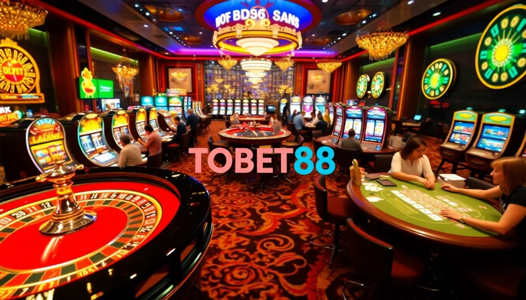 Experience the excitement of Nhà cái TOBET88 with players at a bustling roulette table amid dazzling casino lights.