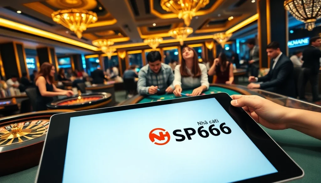 Experience the thrill of Nhà cái SP666 in a lively casino setting filled with players at poker tables and vibrant roulette wheels.