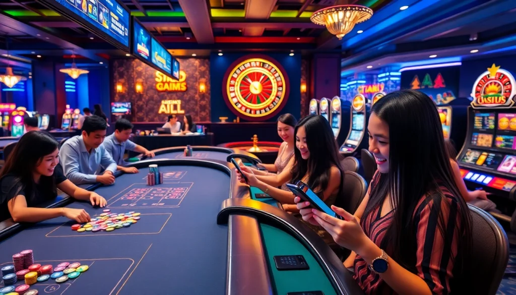 A vibrant online casino scene showcasing players at Taya365, with poker tables, roulette wheels, and slot machines.