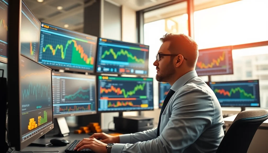 Analyze GOLD SIGNALS in a high-tech trading office environment with engaging screens.