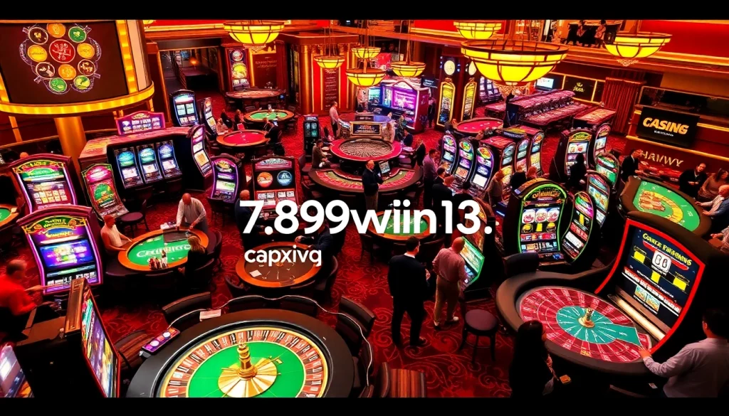 Engage with thrilling casino games at 789win13, featuring vibrant tables, slot machines, and excited players enjoying their bets.
