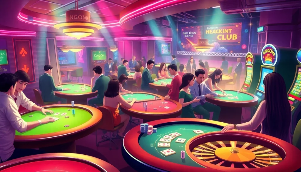 NgonClub Casino: Exciting scene with players at poker tables and vibrant slot machines.