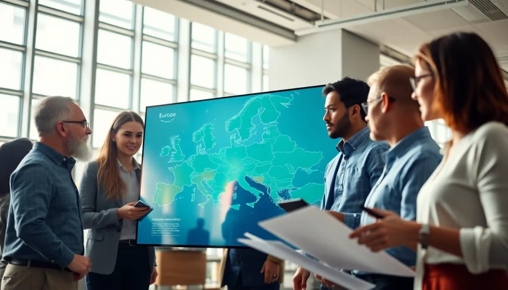Team brainstorming about europe connection with digital maps and collaborative atmosphere.