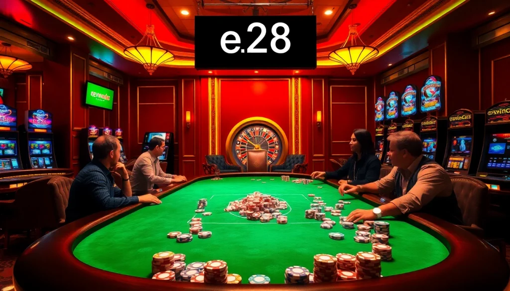Players strategizing in a luxurious e28 casino poker game, surrounded by vibrant poker chips and casino lights.