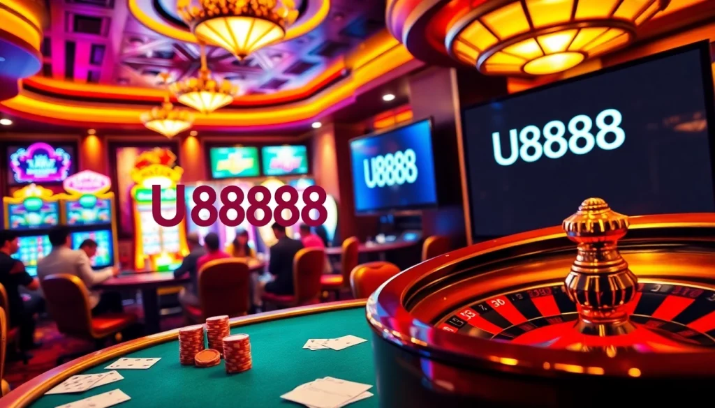 Experience the thrill of U8888 gaming with vibrant casino activities like poker, slots, and roulette in this lively scene.