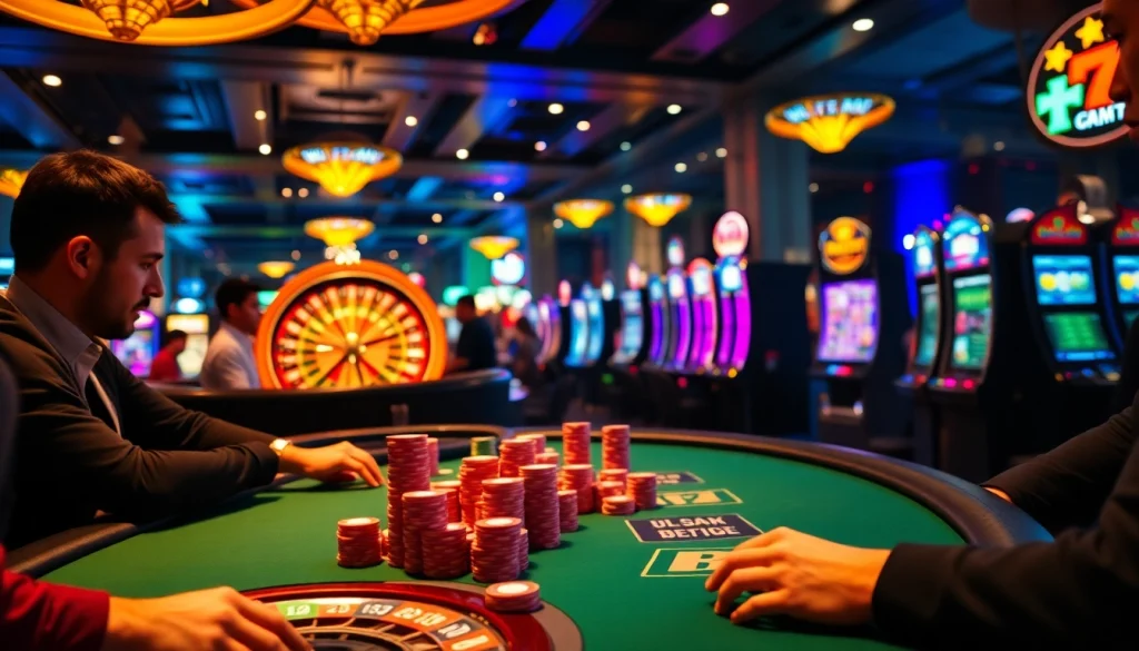 Experience the thrill of https://af88.mba/ with players engaged in poker and roulette amidst a vibrant casino atmosphere.