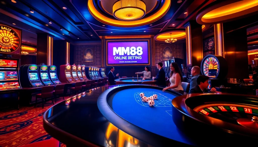 MM88 casino scene featuring players at poker and craps tables with vibrant slot machines.