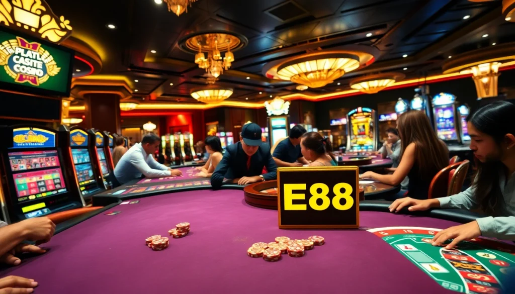 Players immersed in the thrill of casino games at EE88, highlighting poker, roulette, and vibrant slot machines.
