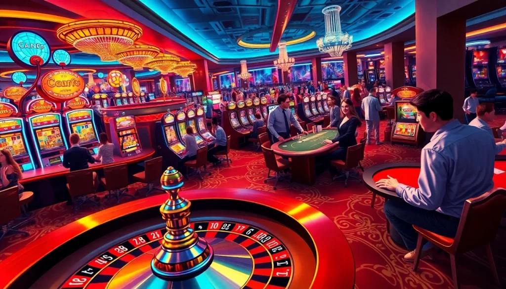 Discover the thrilling experience at https://79kings.co/ with vibrant casino tables and engaged players enjoying high-stakes gambling.