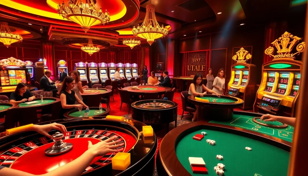 i1dompet casino scene showcasing players at poker tables and vibrant slot machines capturing the excitement of online gambling.