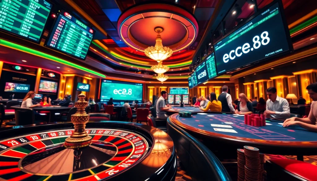 Players at a casino table with vibrant e28 betting action, showcasing roulette and poker excitement.